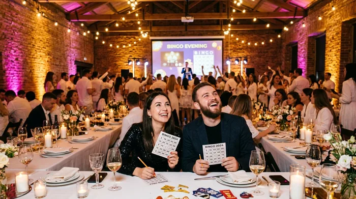 Двое гостей с бумажными бланками и карандашами смотрят на общий экран